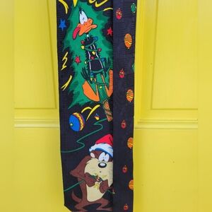 Vintage 1995 Looney Tunes Mania Taz & Daffy Duck Christmas Silk Tie | Warner Bro